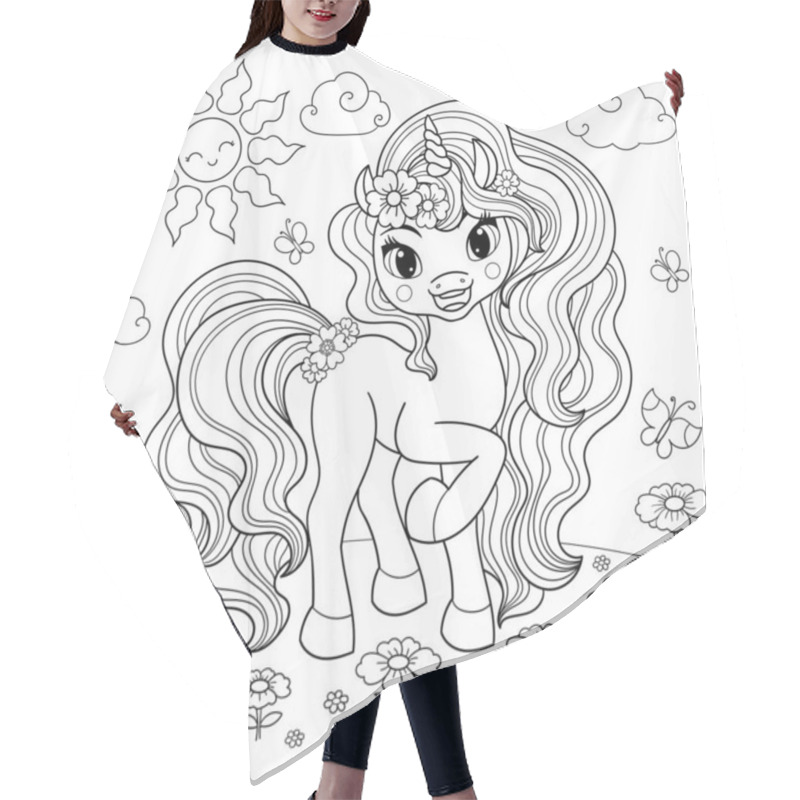 Personality  Cute Cartoon Unicorn On A Summer, Flowering Meadow. Black And White Linear Image. For The Design Of Coloring Books, Prints, Posters, Stickers, Cards, Tattoos, Puzzles And So On. Vector Hair Cutting Cape