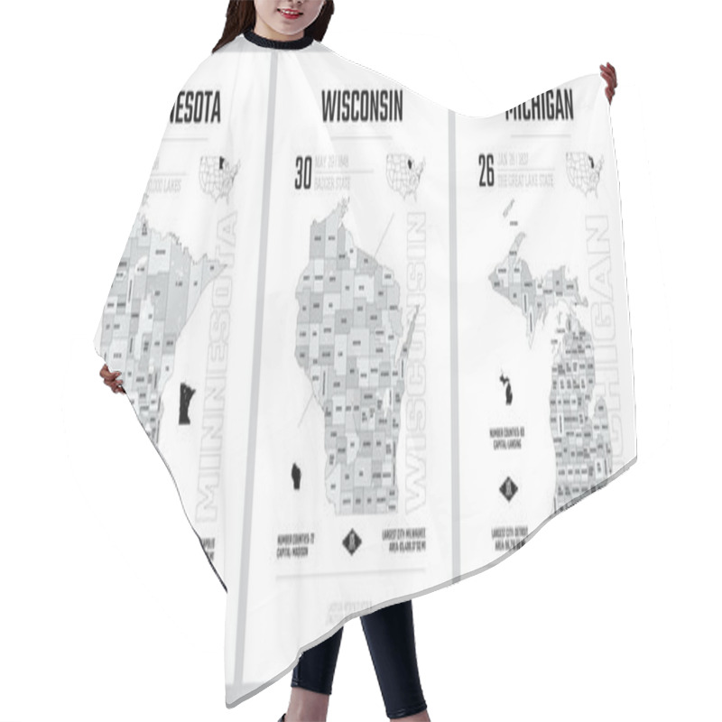 Personality  Highly Detailed Vector Silhouettes Of US State Maps, Division United States Into Counties, Political And Geographic Subdivisions Of A States, The Great Lakes Region - Minnesota, Wisconsin,  Michigan - Set 5 Of 17 Hair Cutting Cape