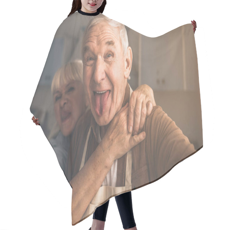 Personality  Excited Mature Man And Woman Making Selfie In Kitchen Hair Cutting Cape