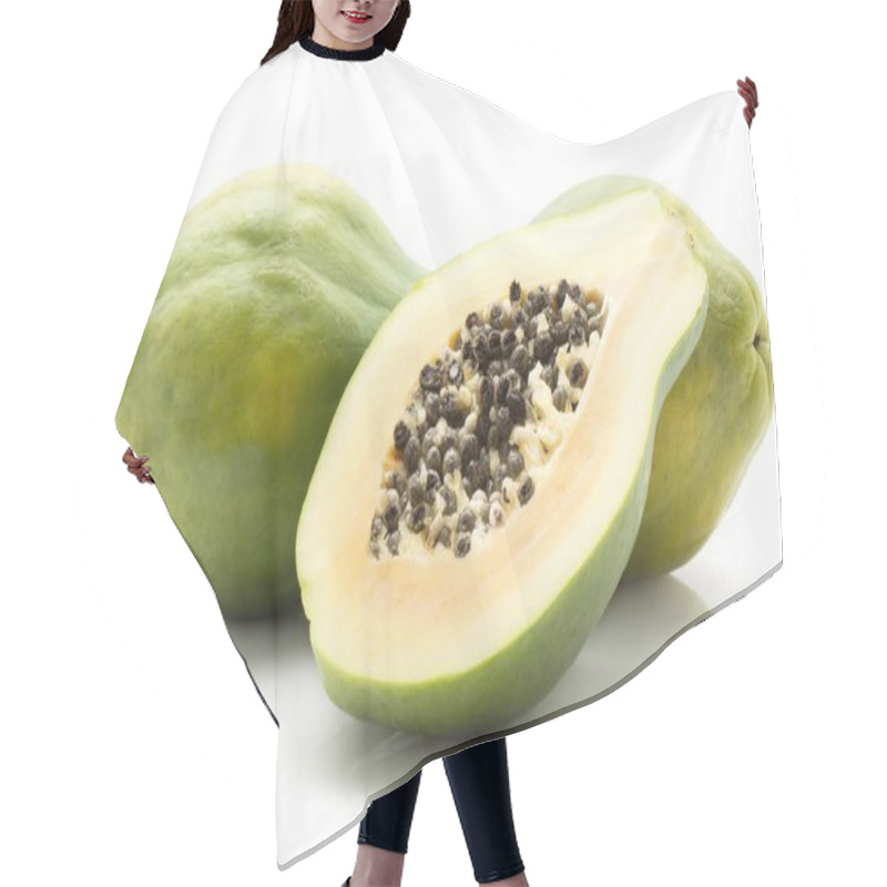 Personality  Papaya (pawpaw, Papaw) Isolated On White Background Two Whole Green And Cross Section Half With Seed Hair Cutting Cape