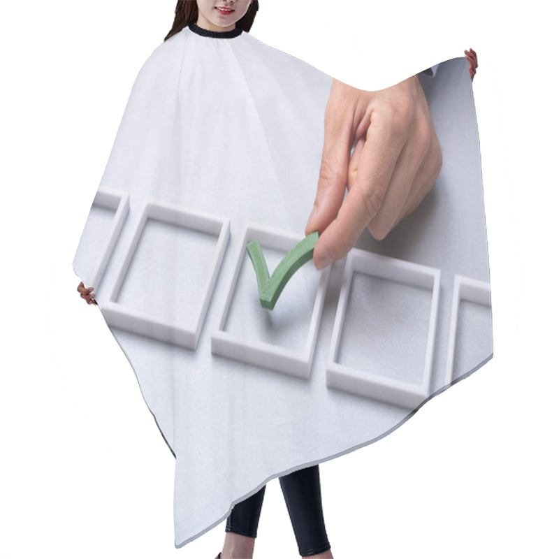 Personality  Man's Hand Placing Green Check Mark In Box On Grey Background Hair Cutting Cape