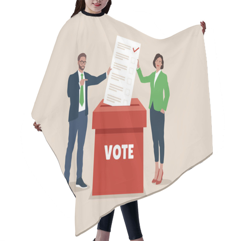 Personality  Man And Woman Putting Paper Ballots To Election Box. Voters Casting Ballots At The Polling Place. Vector Flat Illustration. Hair Cutting Cape