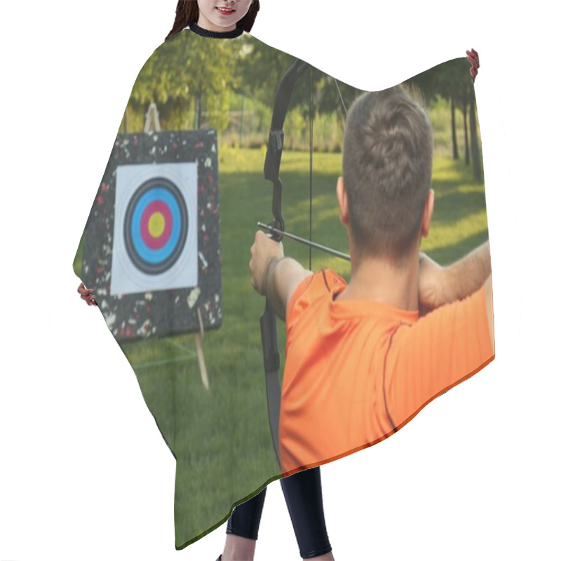 Personality  Man With Bow And Arrow Aiming At Archery Target In Park, Back View Hair Cutting Cape