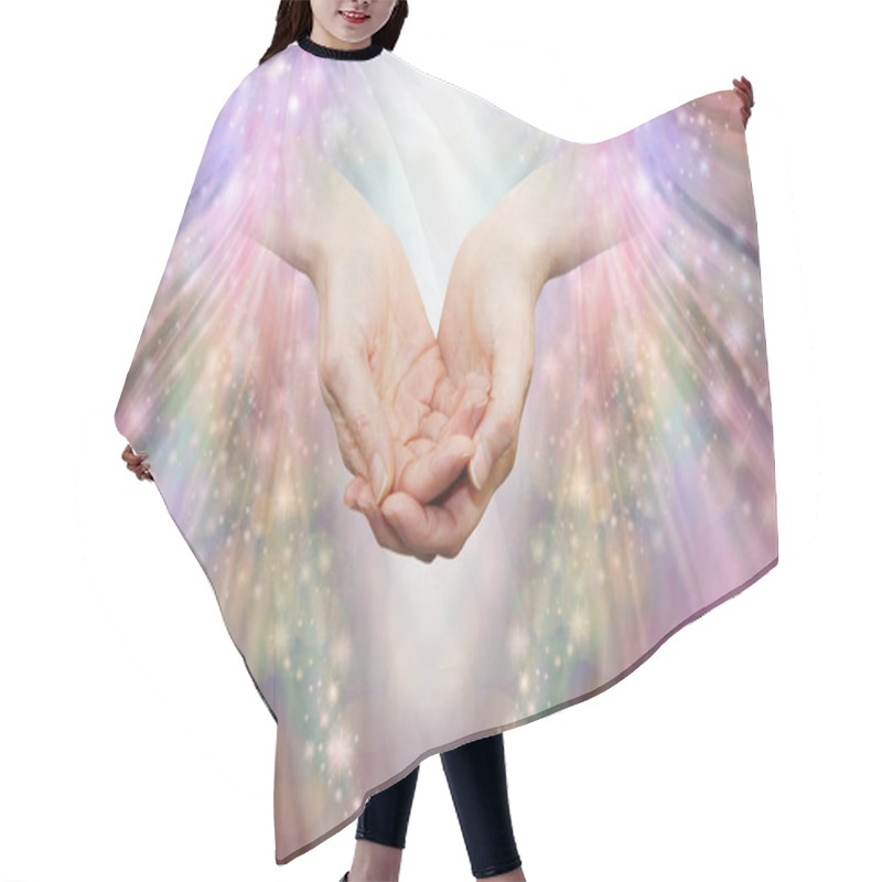 Personality  Energy Healer Receiving High Vibrational Energy - Female Cupped Hands And Shaft Of White Light Against An Angelic Pink And Sparkle Energy Flow Background Hair Cutting Cape