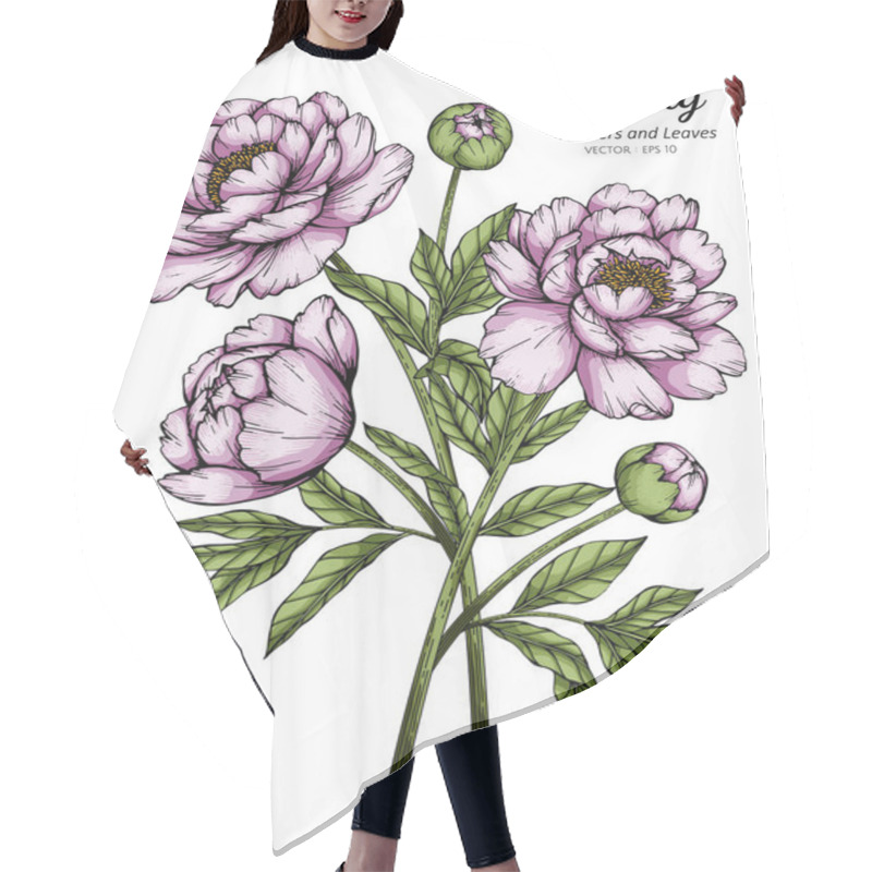 Personality  Pink Peony Flower And Leaf Drawing Illustration With Line Art On White Backgrounds. Hair Cutting Cape