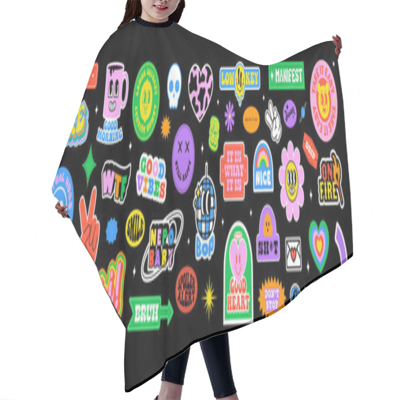 Personality  Colorful Happy Smiling Face Label Shape Set. Collection Of Trendy Retro Sticker Cartoon Shapes. Funny Comic Character Art And Quote Patch Bundle. Modern Slang Word, Catchphrase Sign, Text Slogan. Hair Cutting Cape