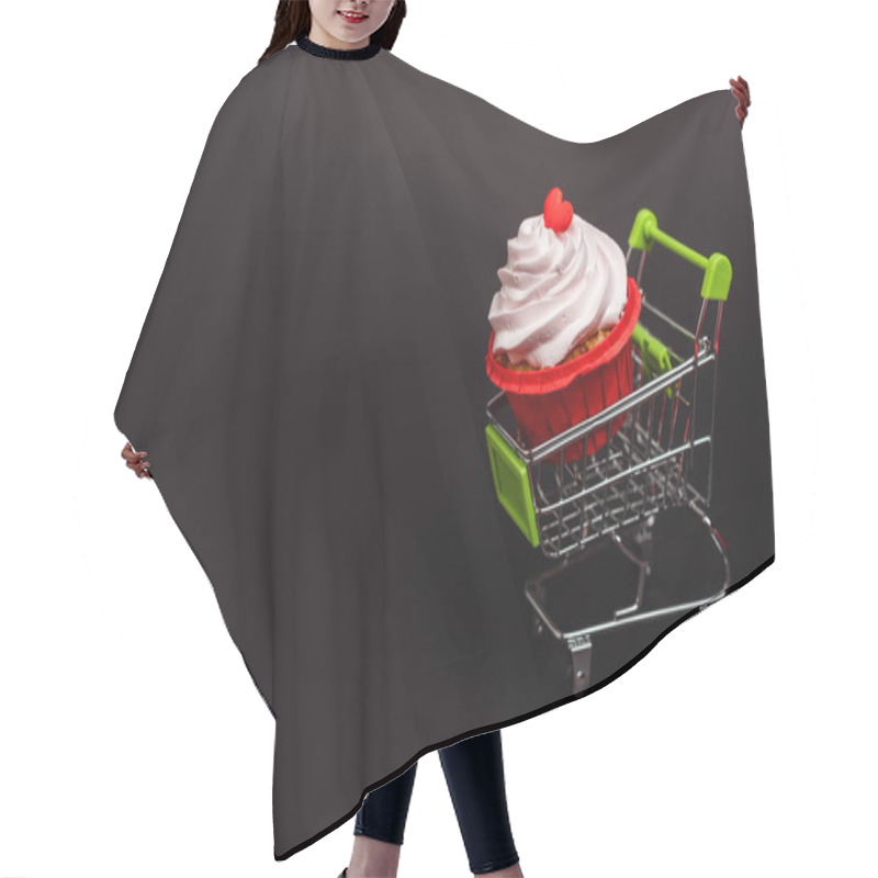 Personality  Shopping Cart With Valentines Cupcake Isolated On Black Hair Cutting Cape