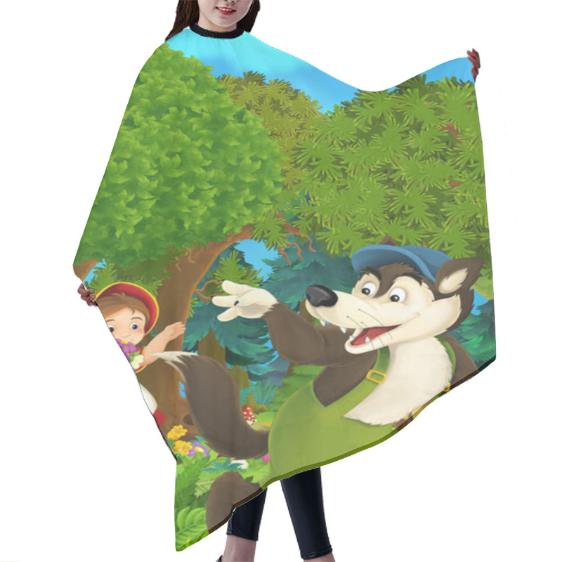 Personality  Cartoon Forest Scene - Wolf Waving Little Girl For Goodbye - Good For Different Fairy Tales - Illustration For The Children Hair Cutting Cape