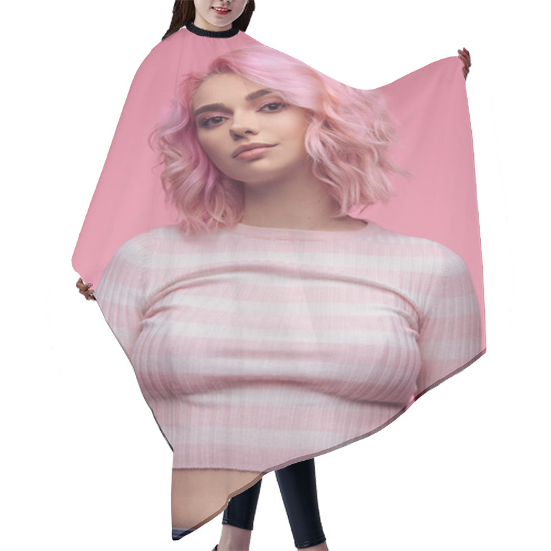 Personality  Slim Informal Model With Pink Hair Hair Cutting Cape