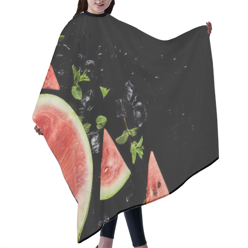 Personality  Top View Of Red Watermelon Slices And Half With Mint And Ice Isolated On Black Hair Cutting Cape