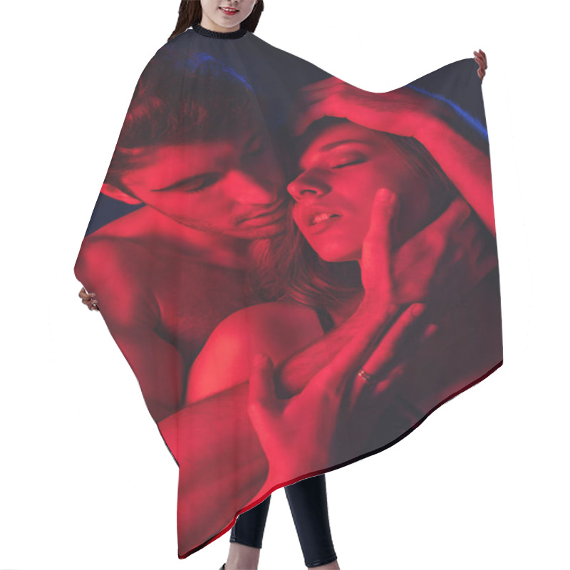 Personality  Man Touching Passionate Undressed Sexy Young Woman In Red Light Hair Cutting Cape