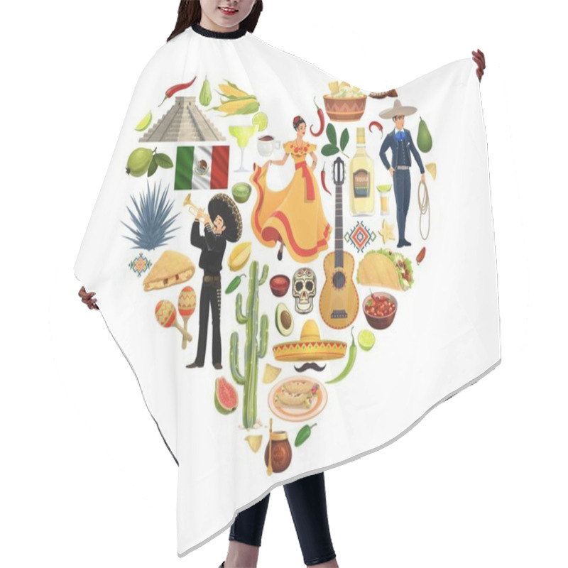 Personality  Mexico Heart With National Cuisine Food, Characters And Holiday Items, Vector Mexican Travel Banner. Cactus, Aztec Pyramid And Tequila With Pinata, Mexican Culture Or Travel Landmarks, Taco And Guitar Hair Cutting Cape