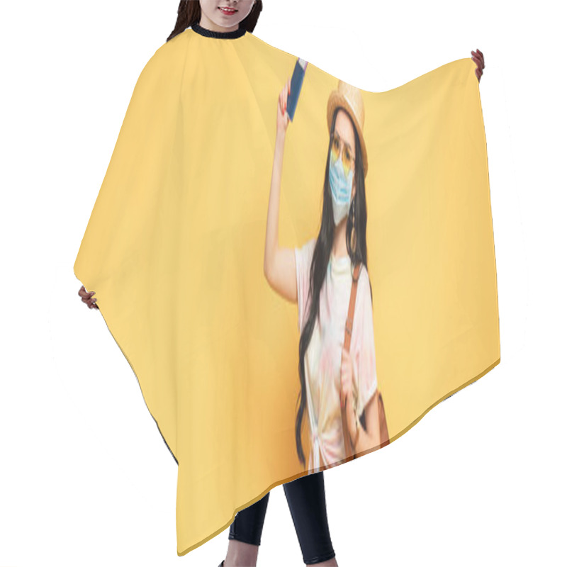 Personality  Brunette Girl In Summer Outfit And Medical Mask With Bag And Boarding Pass On Yellow Background, Panoramic Shot Hair Cutting Cape