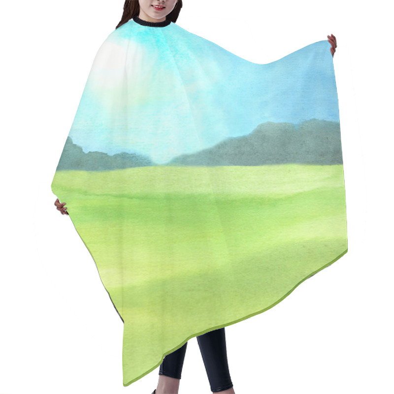 Personality  Watercolor Abstract Illustration Of Natural Summer Background With Green Grass Field, Blue Sky With Shining Sun Hair Cutting Cape