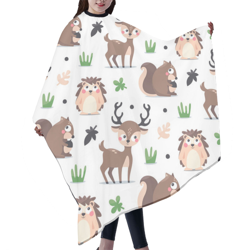 Personality  Seamless Woodland Pattern With Squirrel, Hedgehog, Deer, Elk, Berry Leaves And Plants Hair Cutting Cape