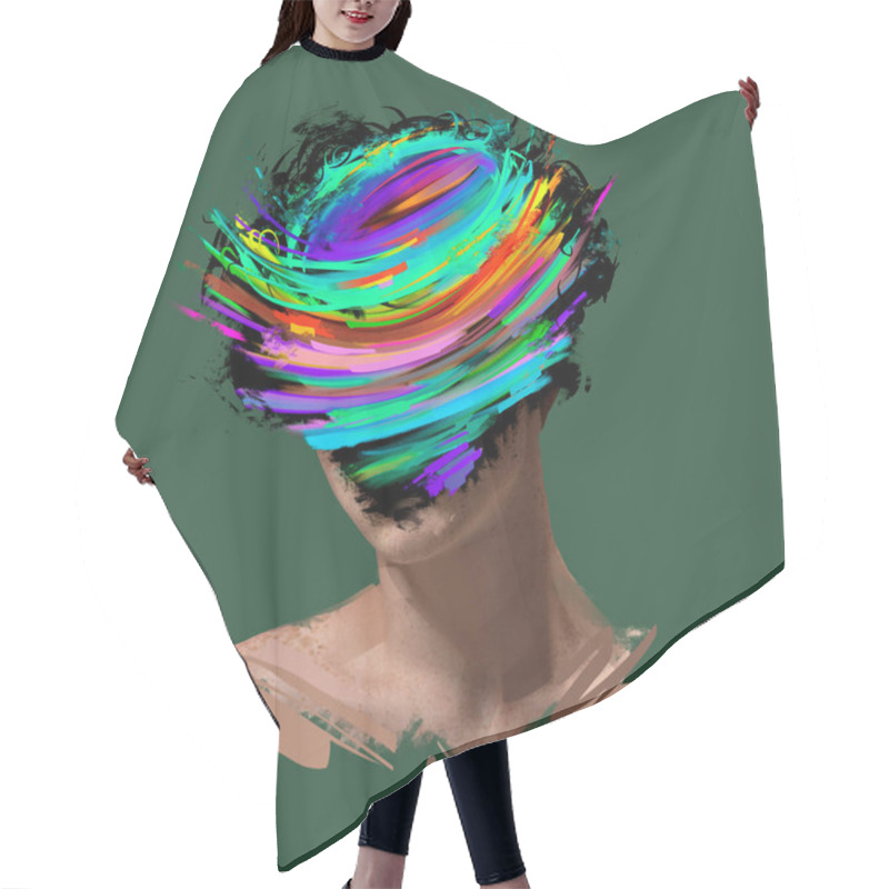 Personality  Colorful Facial Expressions. Young Beautiful Girls Portrait Over Green Background. Poster Graphics. Combination Of Photo And Illustration. Ideas, Inspiration, Fashion And Vanguard Art Style And Ad Hair Cutting Cape