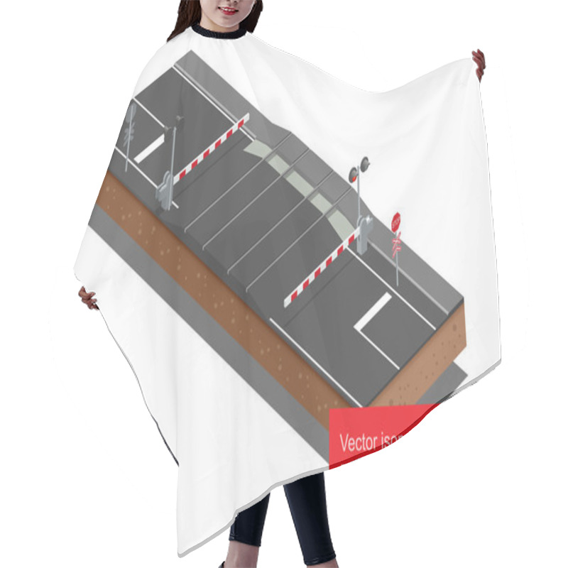 Personality  Vector Isometric Illustration Of  Railway Crossing. A Railway Level Crossing, With Barriers Closed And Lights Flashing. Hair Cutting Cape