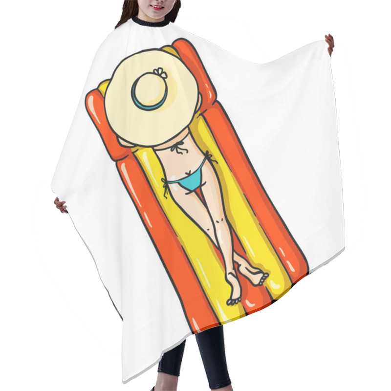 Personality  Cartoon Girl With Hat And Swimsuit Relaxing On Air Mattress. Vector Isolated Hand Drawn Character Top View Hair Cutting Cape