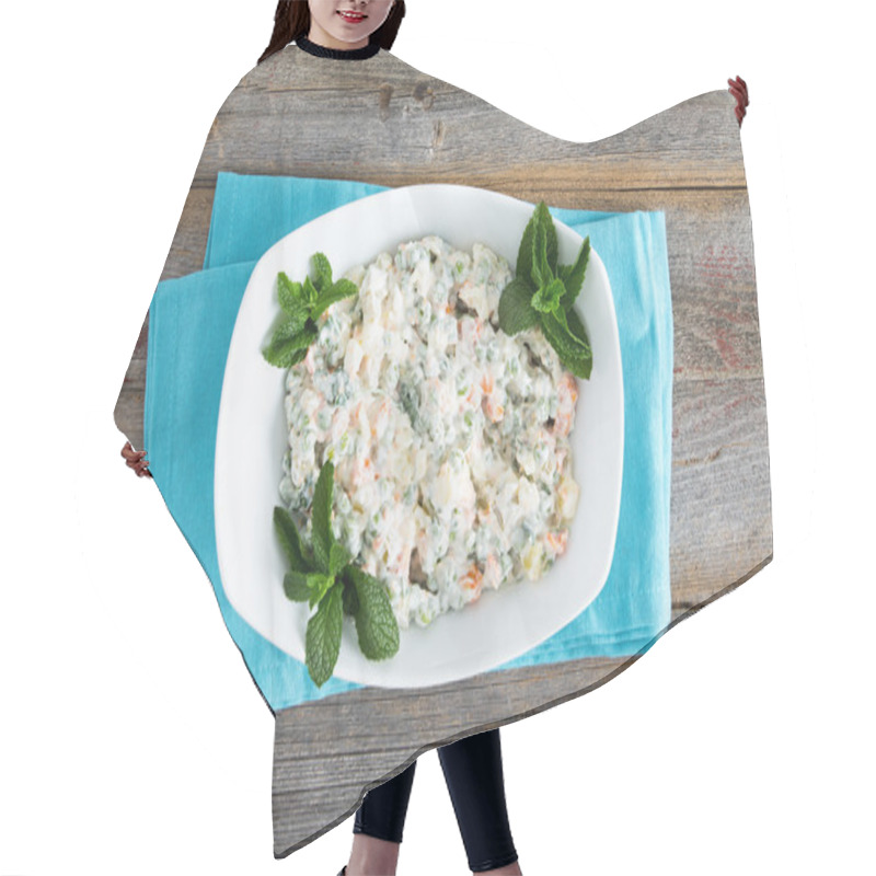 Personality  Simple Olivier Salad On Old Picnic Table Hair Cutting Cape