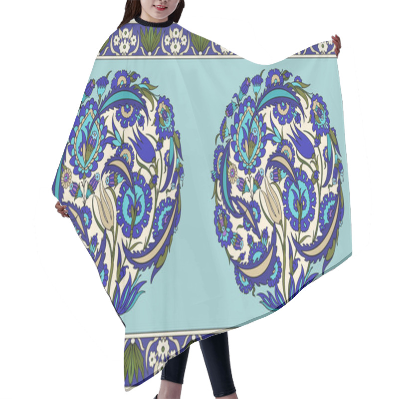 Personality  Seamless Uzbek, Persian, Turk, Middle Asian And Arabian Islamic Vector Decorative Pattern Border, Damask Ornate Boho Style Vintage Ornaments In Deep Blue, Turquoise  And Green Colors On Turquoise Back Hair Cutting Cape