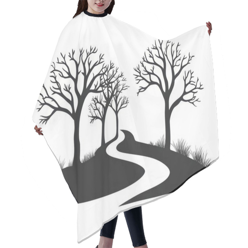 Personality  A Serene Landscape Featuring Silhouetted Bare Trees Lining A Winding Path. Hair Cutting Cape