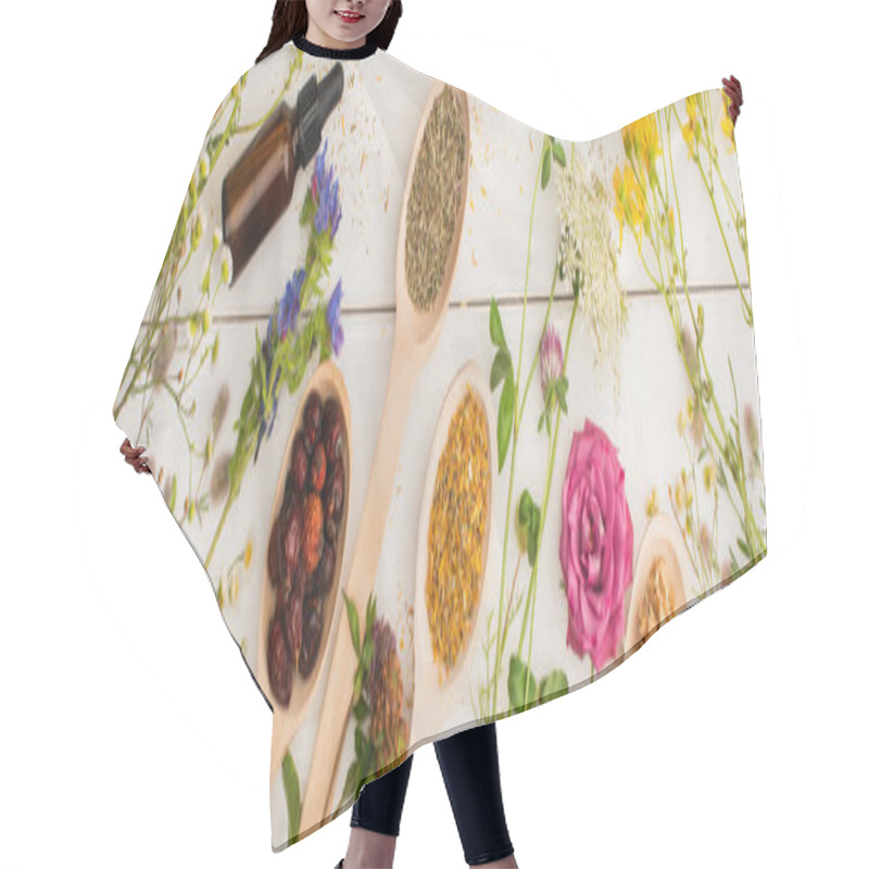 Personality  Panoramic Shot Of Herbs In Spoons Near Flowers And Bottle On White Wooden Background, Naturopathy Concept Hair Cutting Cape