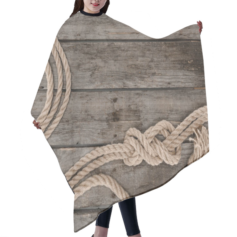 Personality  Flat Lay With Marine Ropes With Knots On Grunge Wooden Tabletop Hair Cutting Cape