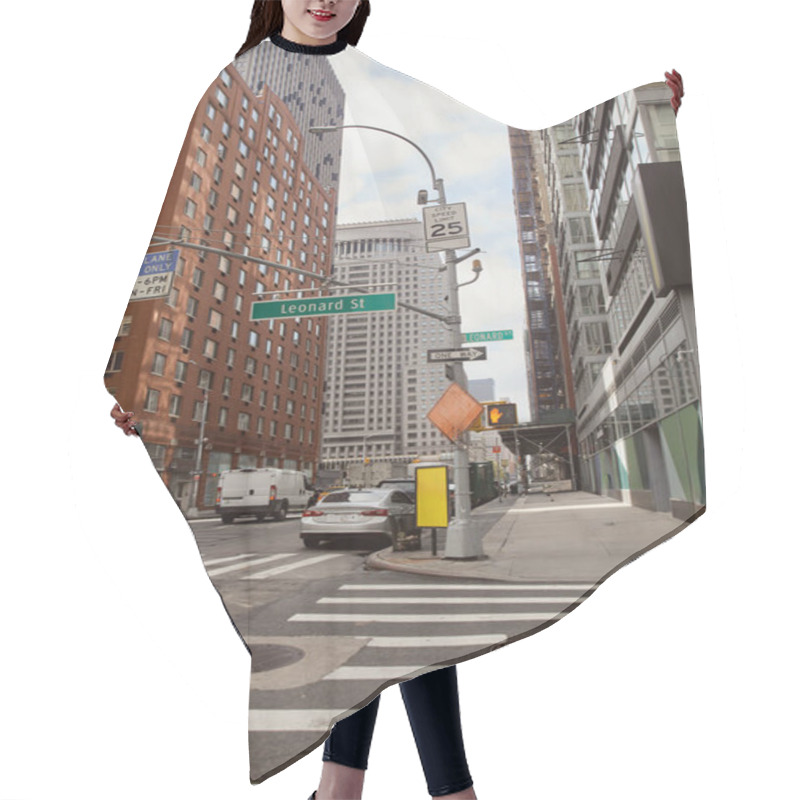 Personality  Traffic Signs Over Crosswalk And Cars Moving On Wide Roadway In New York City, Metropolis Scene Hair Cutting Cape