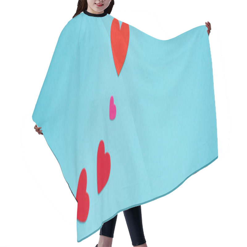 Personality  Top View Red Paper Hearts Of Isolated On Blue, Panoramic Shot Hair Cutting Cape