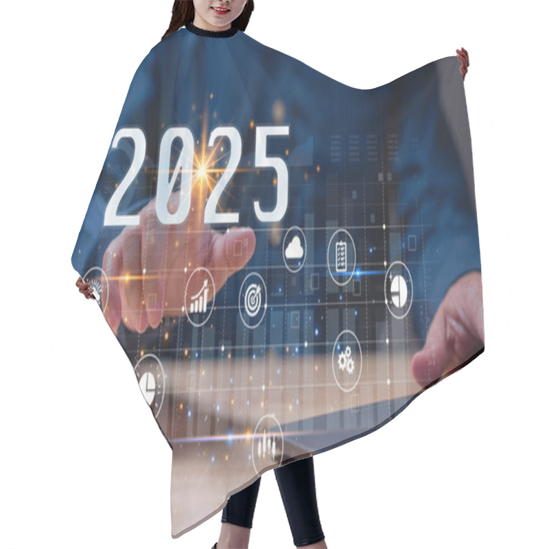 Personality  Dynamic Representation Of Future, Hand Reaching Out To Engage With Digital Elements Symbolizing Data, Technology, And Strategic Goals For Year 2025 Hair Cutting Cape