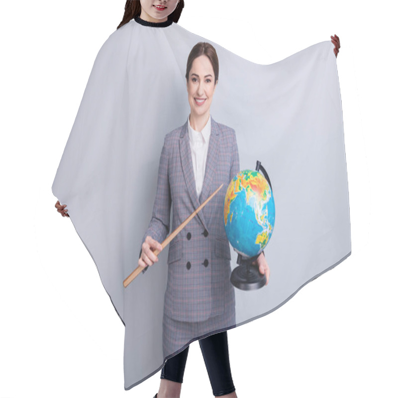 Personality  Portrait Of Her She Nice Attractive Cheerful Intellectual Tutor Wear Checkered Suit Holding In Hand Globe Demonstrating Country Map Planet Climate Ecology Isolated On Grey Pastel Color Background Hair Cutting Cape