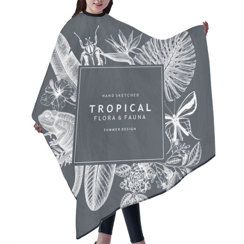 Personality  Tropical Wreath Design Won Chalkboard. Vector Invitation And Greeting Card With Hand Drawn Tropical Plants, Exotic Flowers, Palm Leaves, Insects And Chameleon Hair Cutting Cape