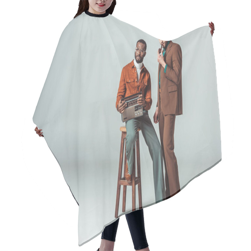 Personality  Multicultural Retro Styled Friends With Radio And Pipe On Grey Hair Cutting Cape