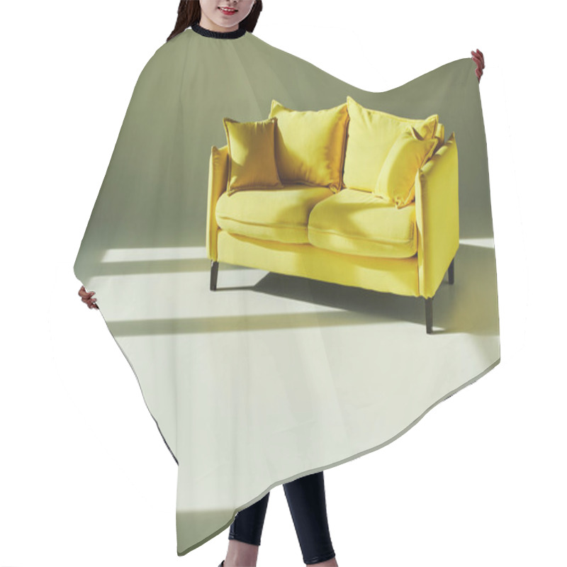 Personality  A Vibrant Yellow Couch Contrasts Against A Clean White Floor, Creating A Bright And Inviting Space. Hair Cutting Cape