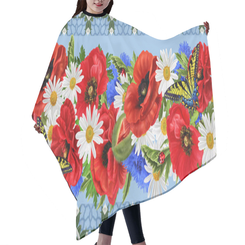 Personality  Horizontal Floral Border, Pattern, Seamless, Red Flowers Poppies, Daisies, Butterflies, Ladybugs Hair Cutting Cape