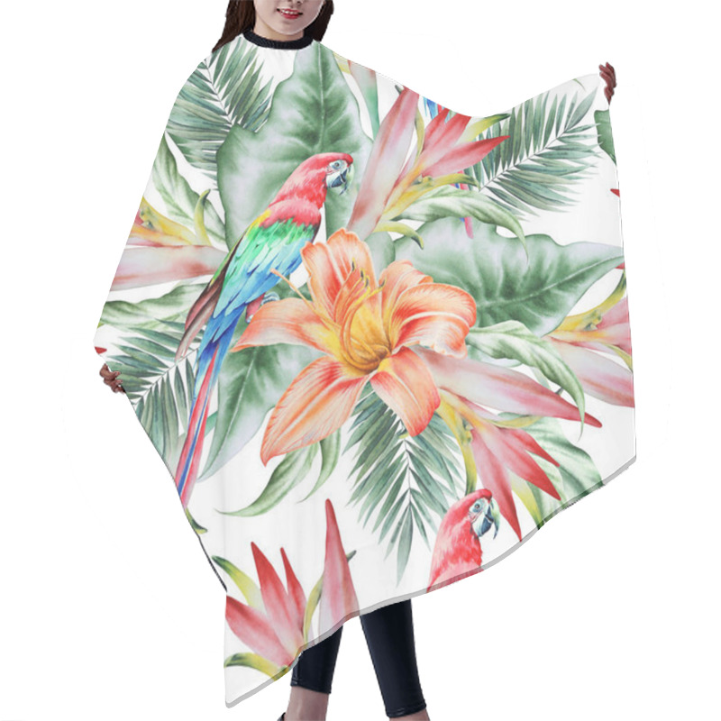 Personality  Bright  Tropical Seamless Pattern With Parrots And Flowers. Palm Hair Cutting Cape