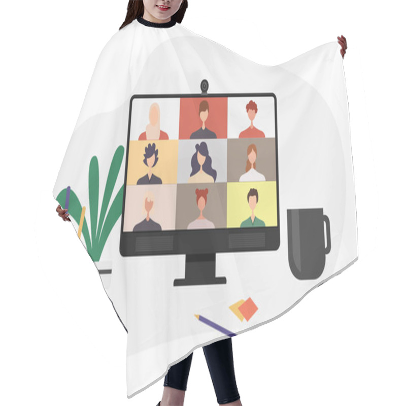 Personality  Colleagues Talk To Each Other On The Computer Screen. Conference Video Call, Working From Home Vector Design. Hair Cutting Cape