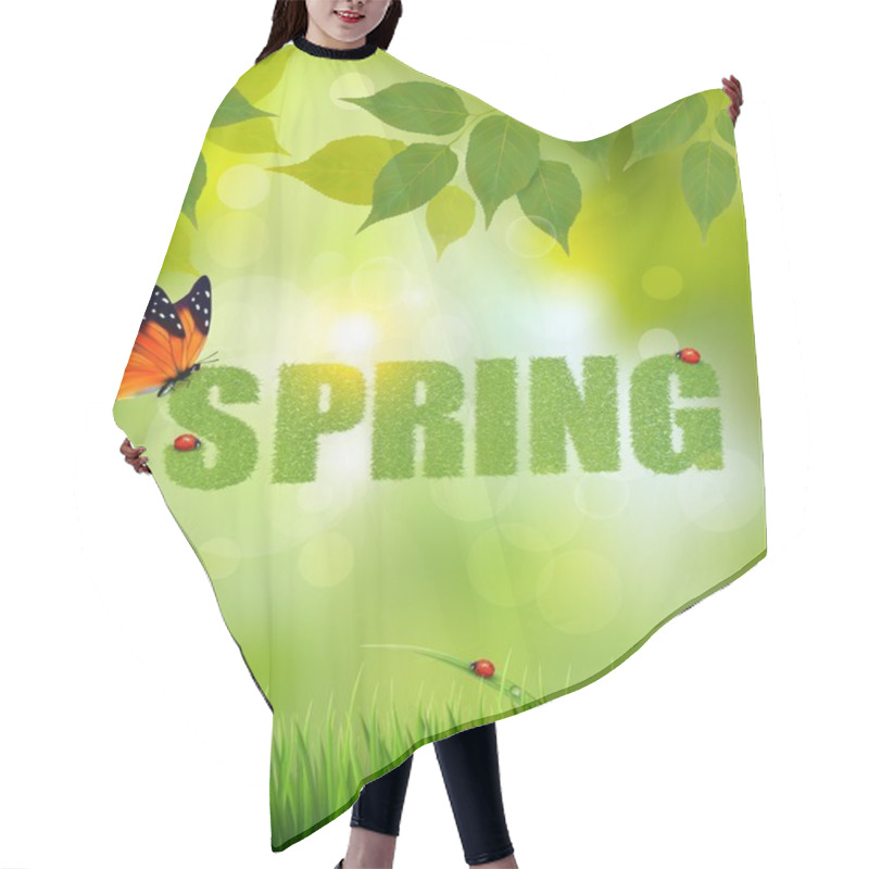 Personality  Green Spring Letters Made Of Grass On Sunny Forest Background. V Hair Cutting Cape