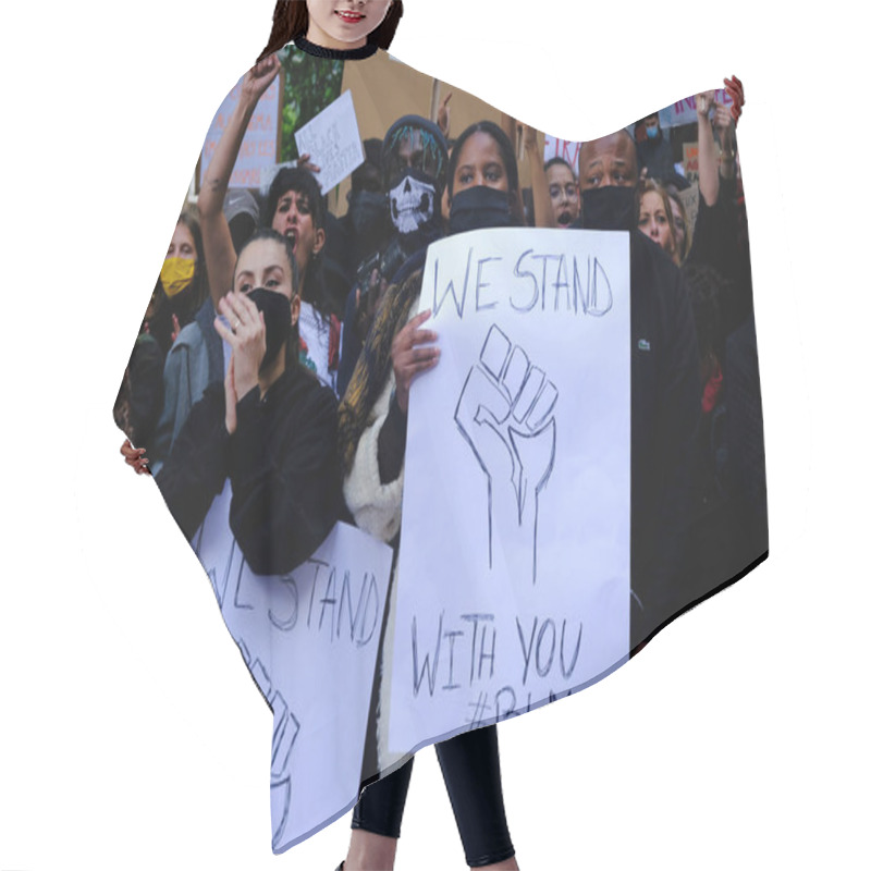 Personality  Protesters Hold Placards As They Gather In Central Brussels During The Black Lives Matter Protest Rally, Sunday, June 7, 2020.  Hair Cutting Cape