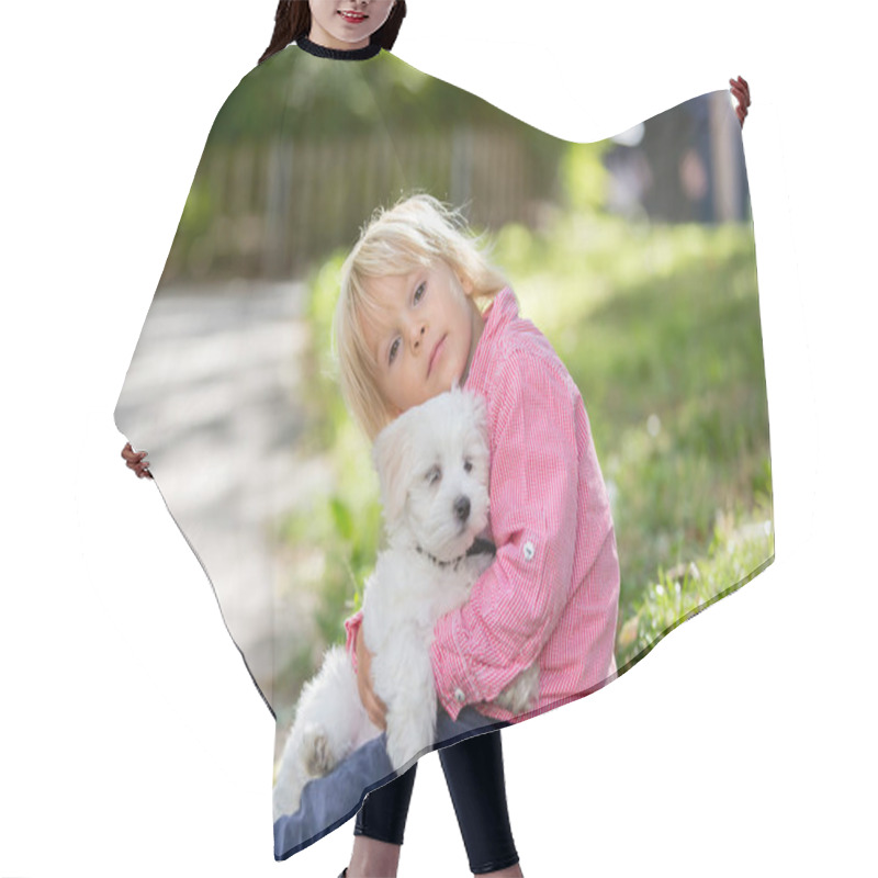 Personality  Child, Cute Boy, Playing With Dog Pet In The Park, Maltese Dog And Kid Enjoying Walk Together Hair Cutting Cape