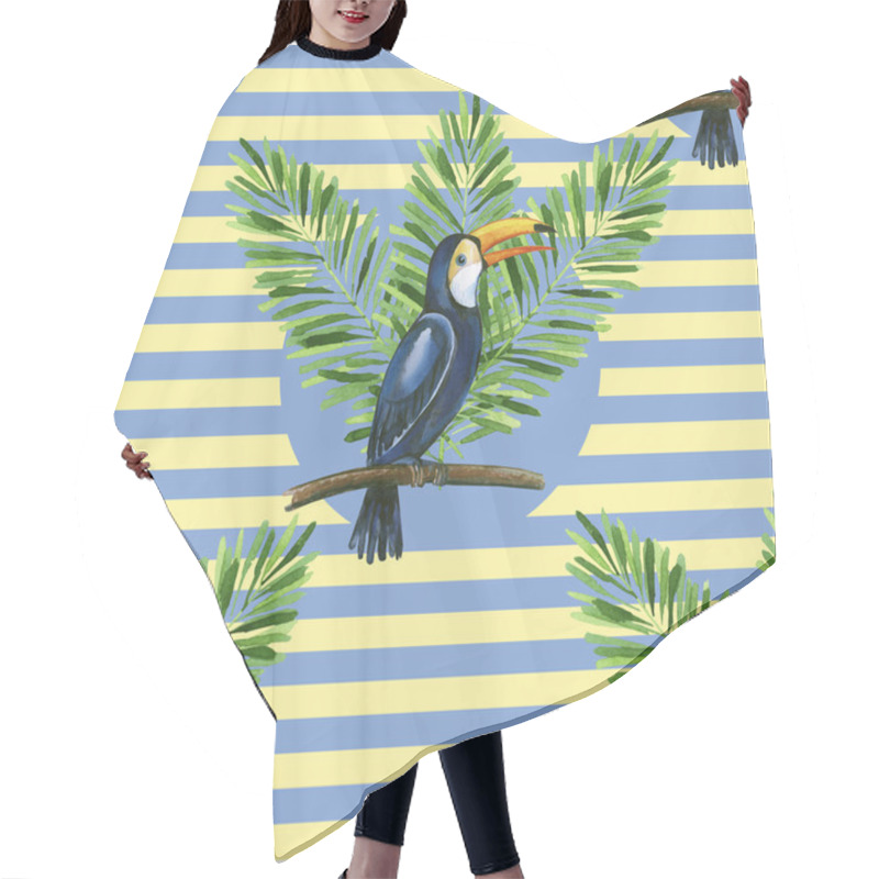 Personality  Toucan And Banana Leaves On The Stiped Background Seamless Pattern. Hair Cutting Cape