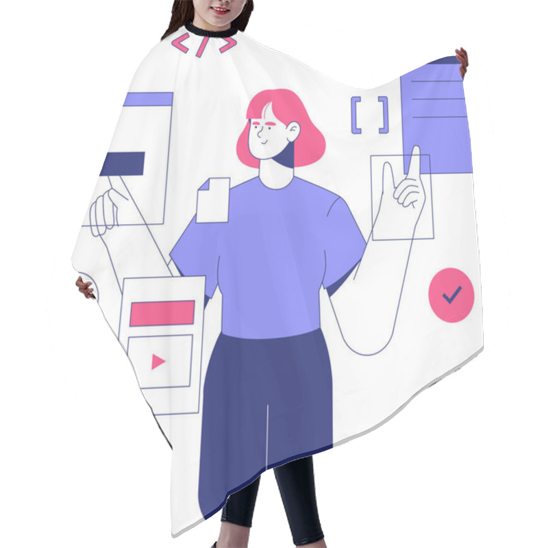 Personality  Female Programmer Surrounded By Digital Interface Elements Like Windows, Icons, And Buttons, Representing Software Development And Innovative Coding Concepts. Hair Cutting Cape