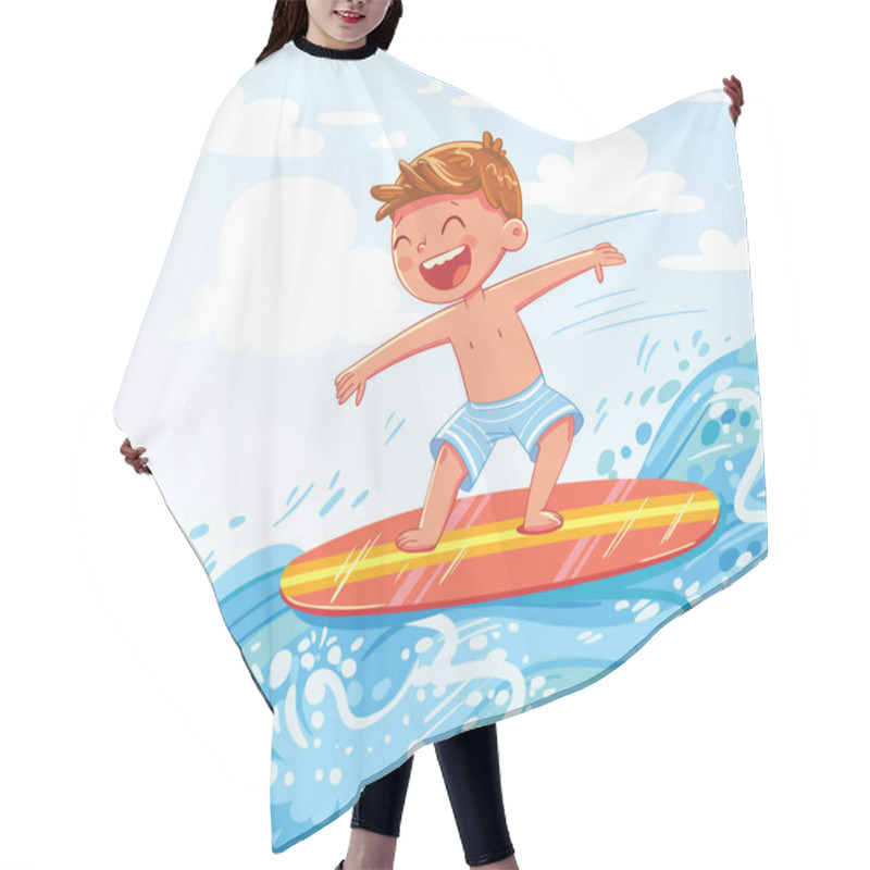 Personality  Young Boy Surfing On Sea. Child On Surf Board On Ocean Wave. Kid Swimming With Body Board. Active Water Sports For Kids. Funny Cartoon Character. Vector Illustration Hair Cutting Cape