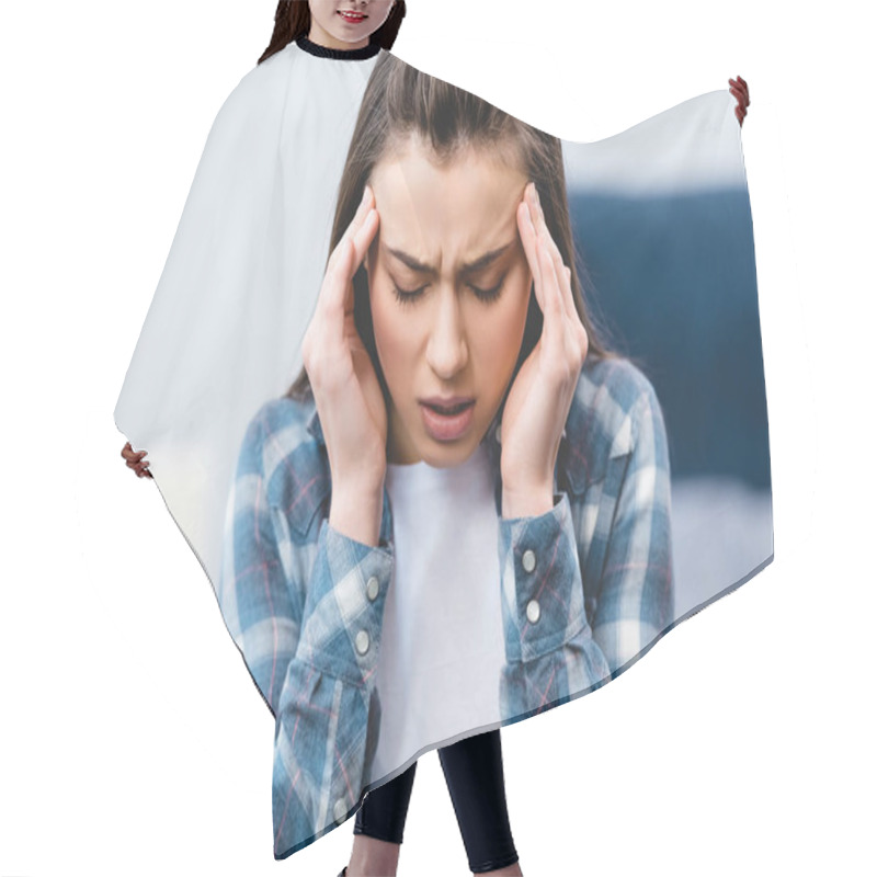 Personality  Ill Young Woman Suffering From Headache At Home  Hair Cutting Cape