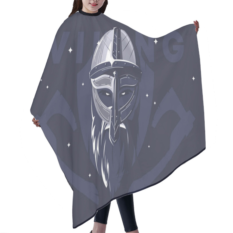 Personality  Vector Illustration Of Viking Helmet With Beard And Viking Face, Medieval Warrior, Silhouette Of Wooden Battle Shield And Axes Hair Cutting Cape