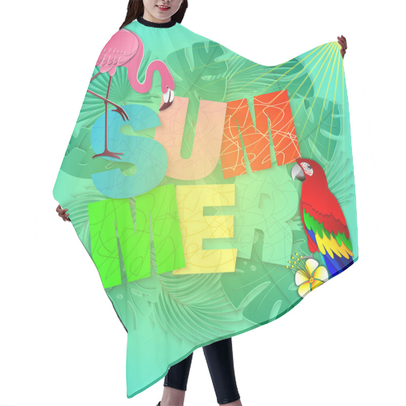 Personality  Summer Banner With Tropical Berds, Palm Leaves And Flowers Background. Exotic 3d Design For Sale Banner, Flyer, Invitation, Poster, Web Site Or Greeting Card. Paper Cut Out Style, Vector Illustration. Hair Cutting Cape