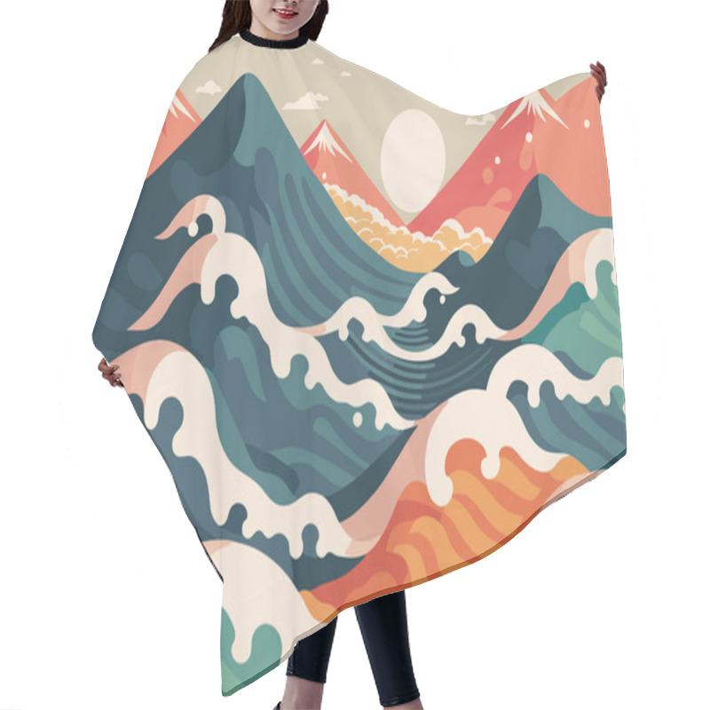 Personality  Illustration Big Ocean Wave With Sun Poster In Japanese Style Vector For Wall Art Print Design Template Hair Cutting Cape