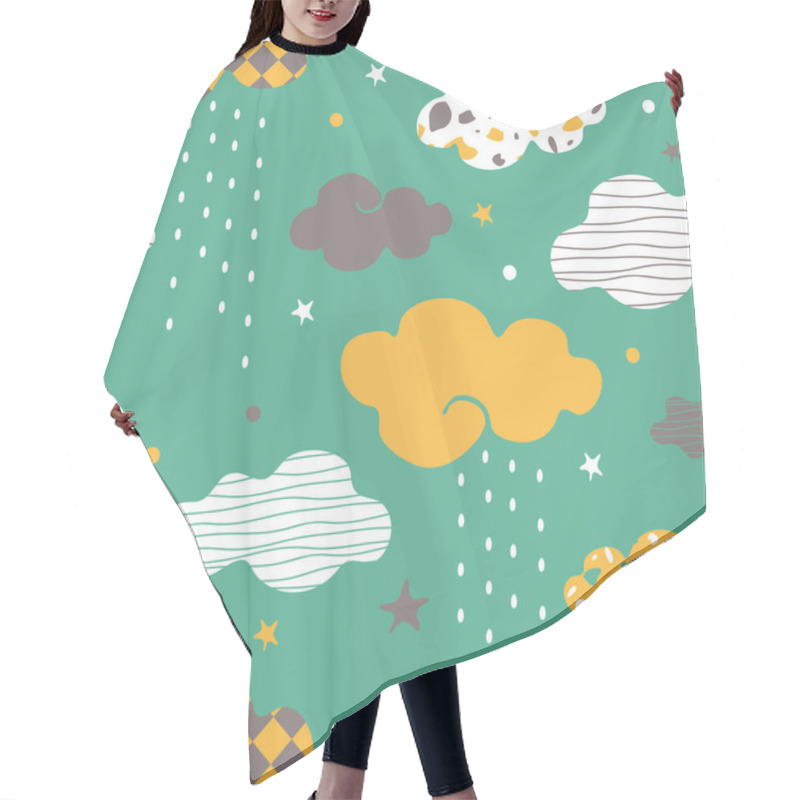 Personality  Seamless Vector Pattern With Rainy Clouds On Green Background. Simple Textured Weather Wallpaper Design. Decorative Cute Sky Fashion Textile. Hair Cutting Cape