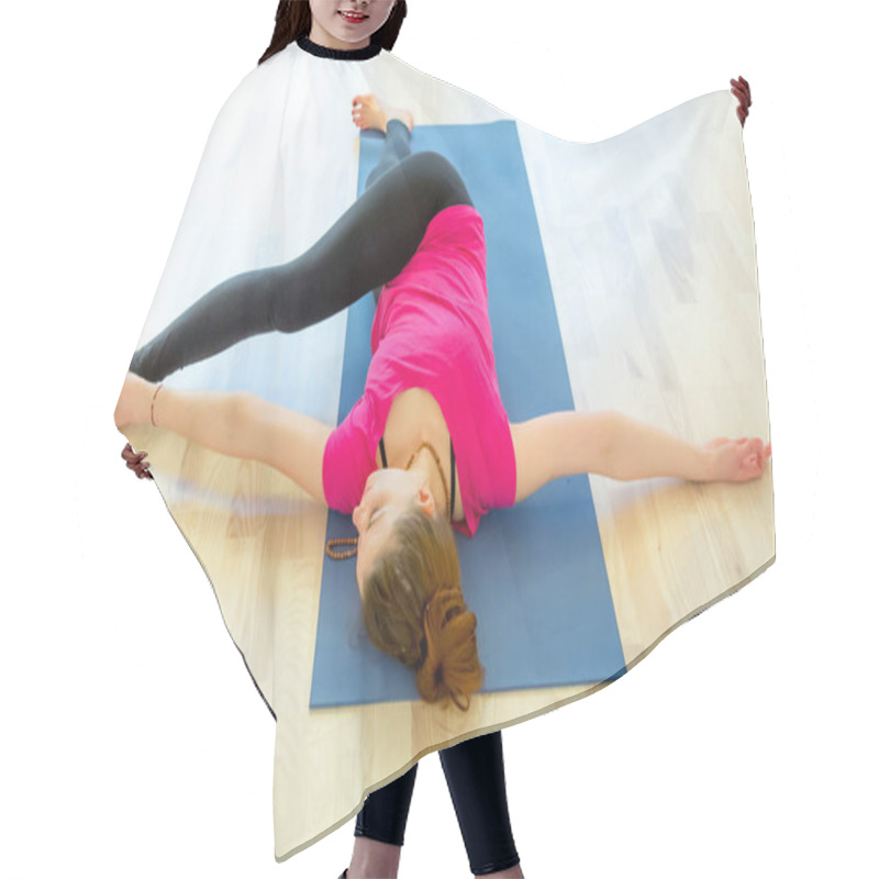 Personality  Young Woman Practicing Supine Spinale Twist Lying On Her Back Hair Cutting Cape