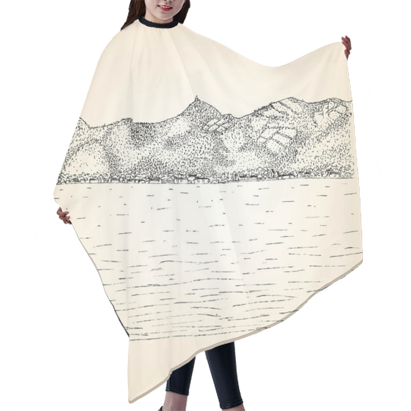 Personality  Hand Drawn Lake With Ripples And Mountains On Background Hair Cutting Cape